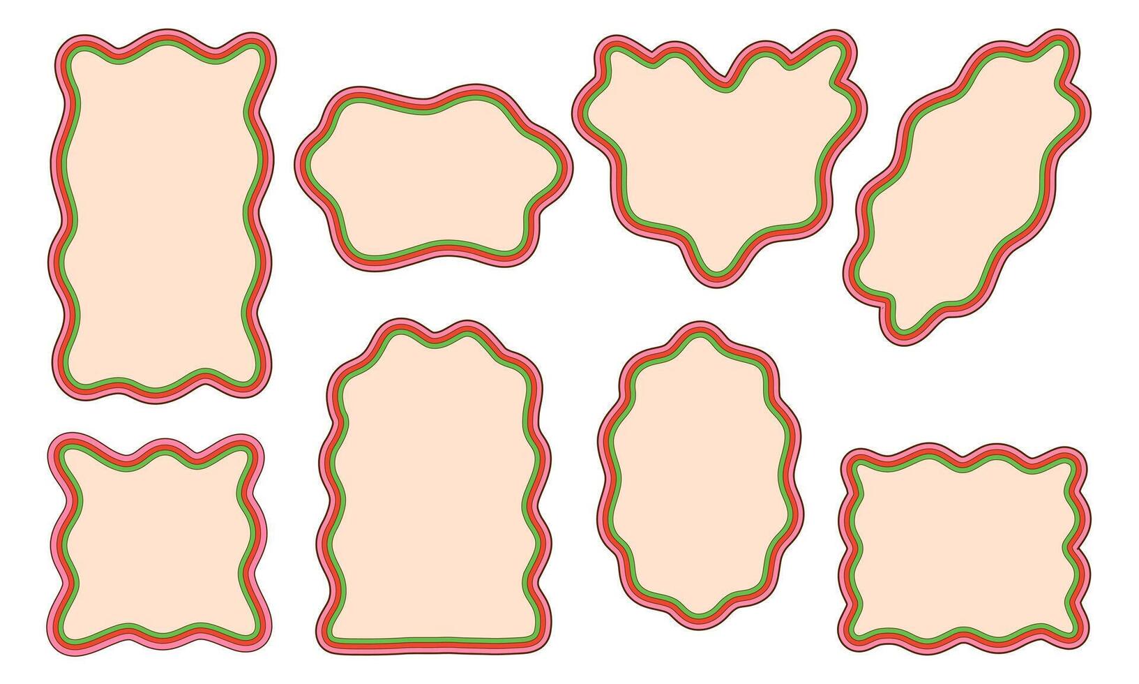 Creative Decorative Frames Wavy Designs. A collection of 8 hand-drawn decorative frames featuring wavy and layered designs, perfect for modern patterns, artistic decor, and abstract projects vector