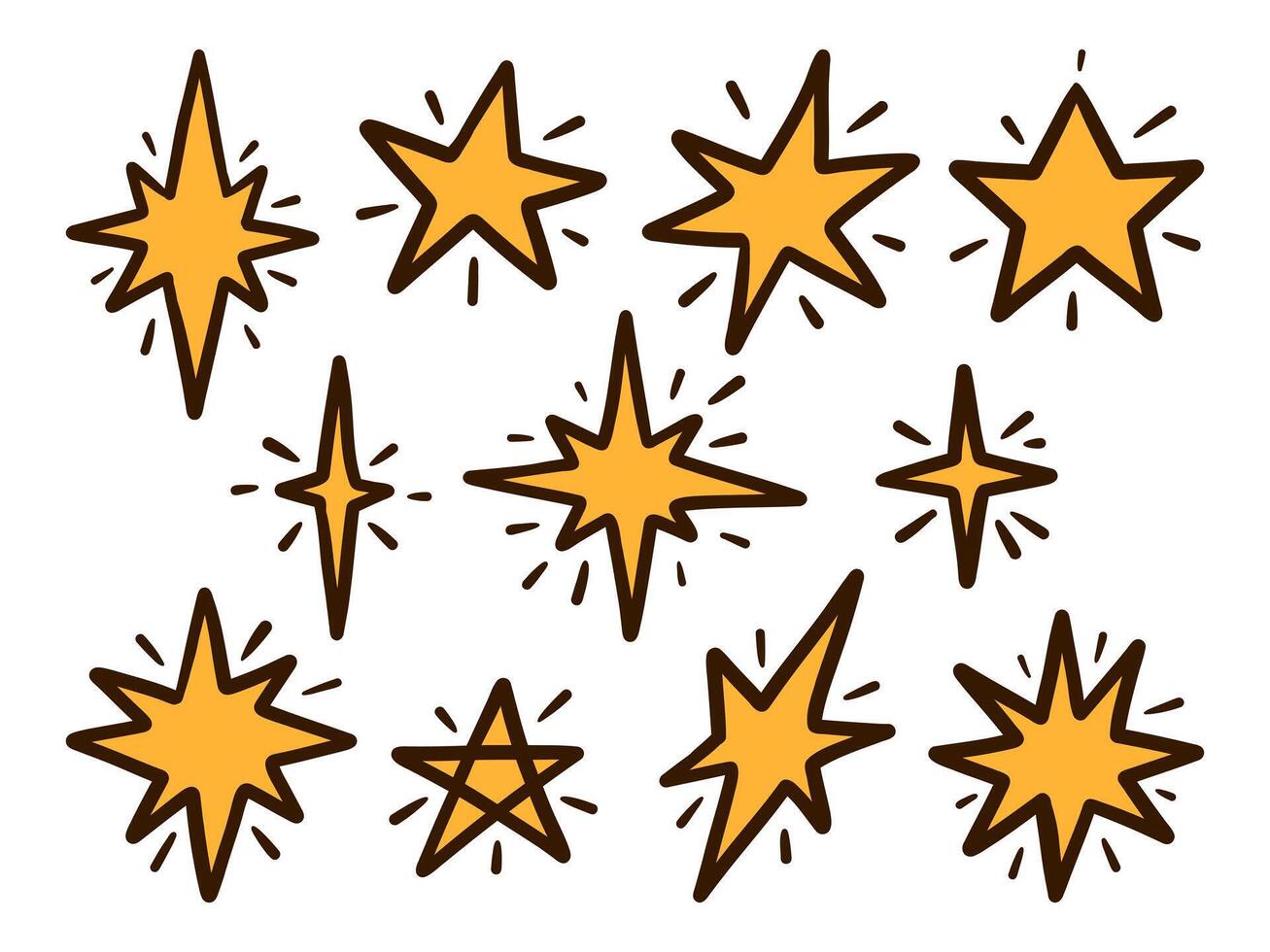 Hand Drawn Cartoon Star Sparkle Shape Set. A collection of hand-drawn cartoon-style star sparkles bold outlines. These vibrant glowing elements are perfect for creative compositions vector