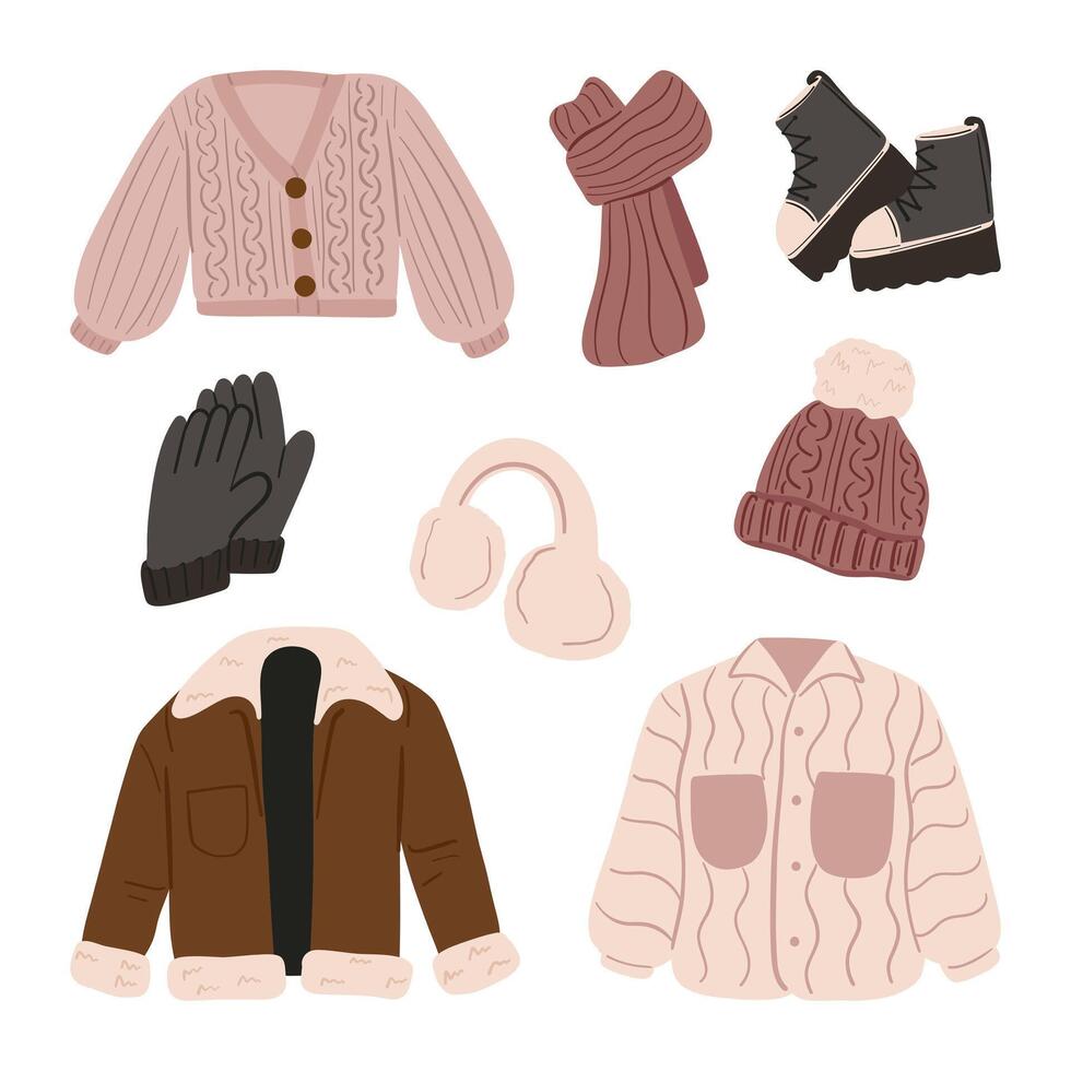 Winter Fashion Essentials Illustration Set. A collection of 8 cozy winter fashion items, including cardigans, scarves, boots, earmuffs, and jackets. Perfect for adding warmth and style to any design vector
