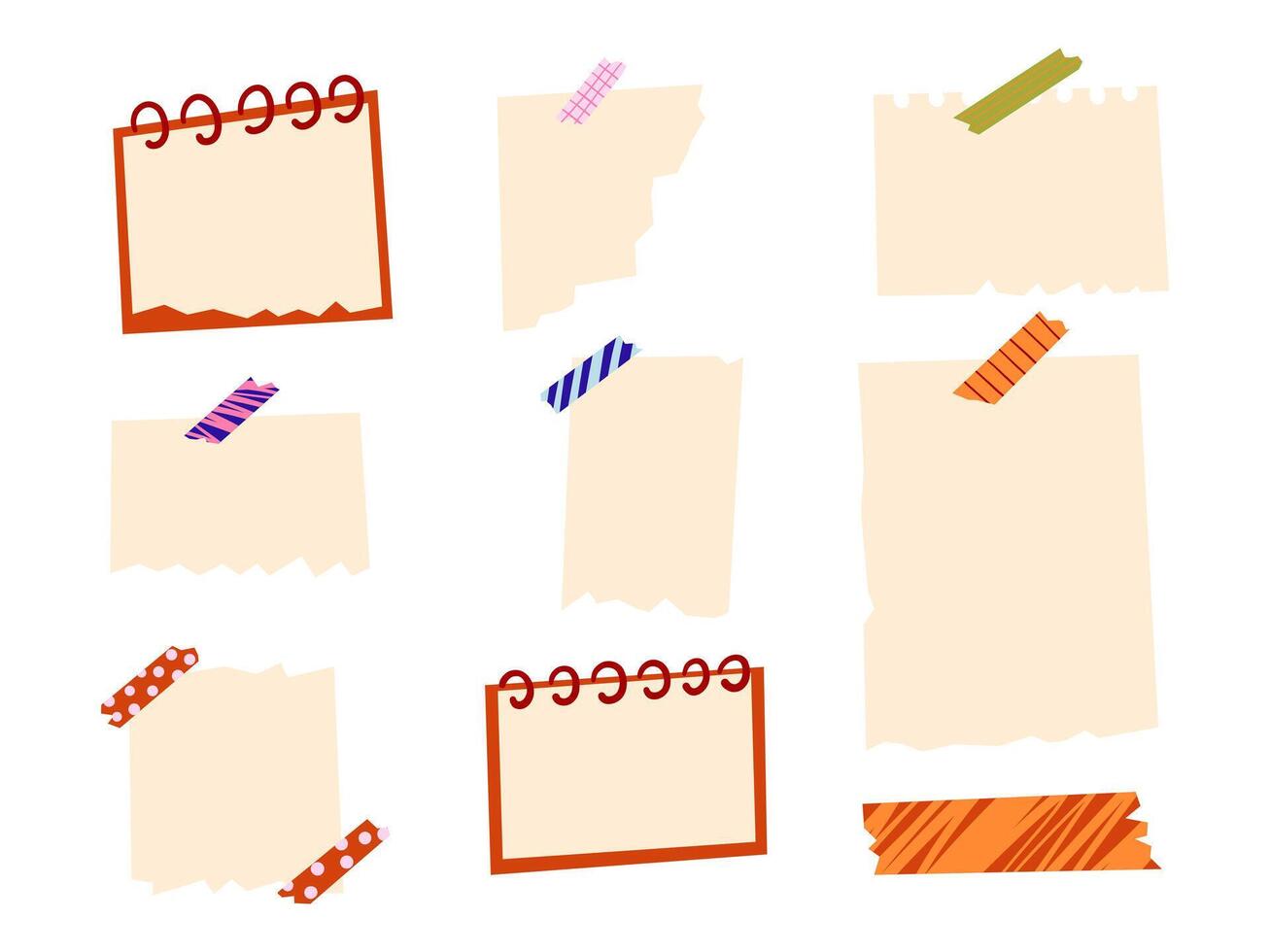 Torn Paper Notes Scrapbook Memo Set. A collection of 9 torn paper note shapes with colorful washi tape and spiral notebook elements. Perfect for journaling, planner, scrapbooking, and creative designs vector