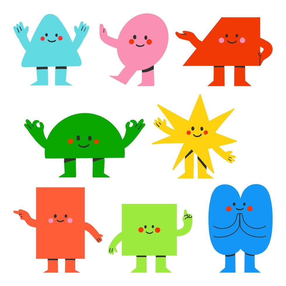 colorful hand drawn shape characters. A collection of 8 cheerful and playful hand-drawn shape characters, featuring unique geometric designs. Perfect for kids' artwork, creative projects vector