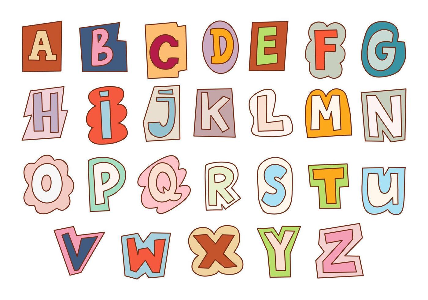 Playful Alphabet Icon Whimsical Shapes. A creative collection of alphabet icons featuring bold colors and whimsical shapes, perfect for educational, decorative, and artistic projects vector