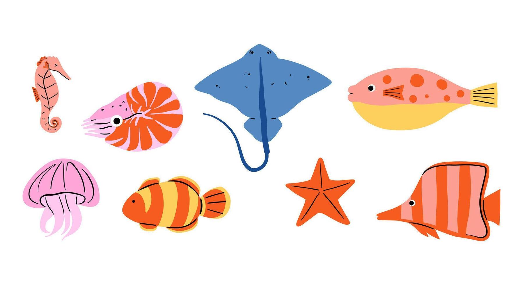 Colorful Marine Life Illustration. A vibrant set of 8 unique marine life illustrations, including seahorse, jellyfish, starfish, and more. Perfect for ocean themed designs, and children projects vector