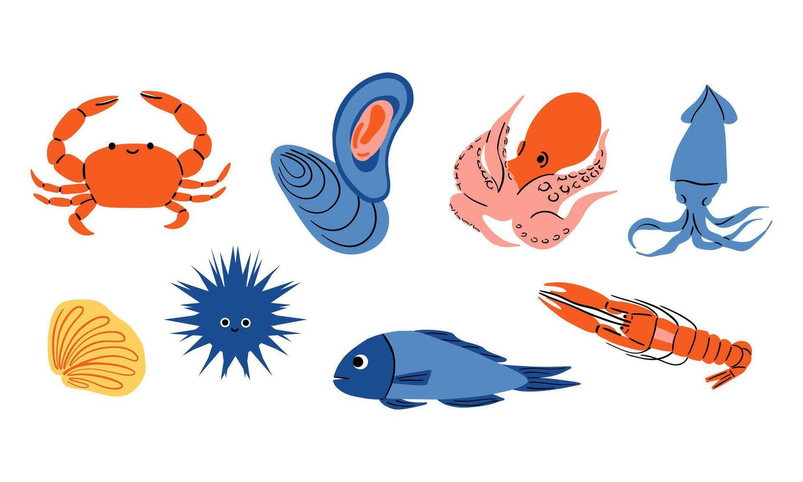 Hand Drawn Marine Life Bundle. A vibrant bundle of 8 marine life illustrations, including a crab, mussel, octopus, and more. Perfect for seafood themes, and marine decor with a playful style vector