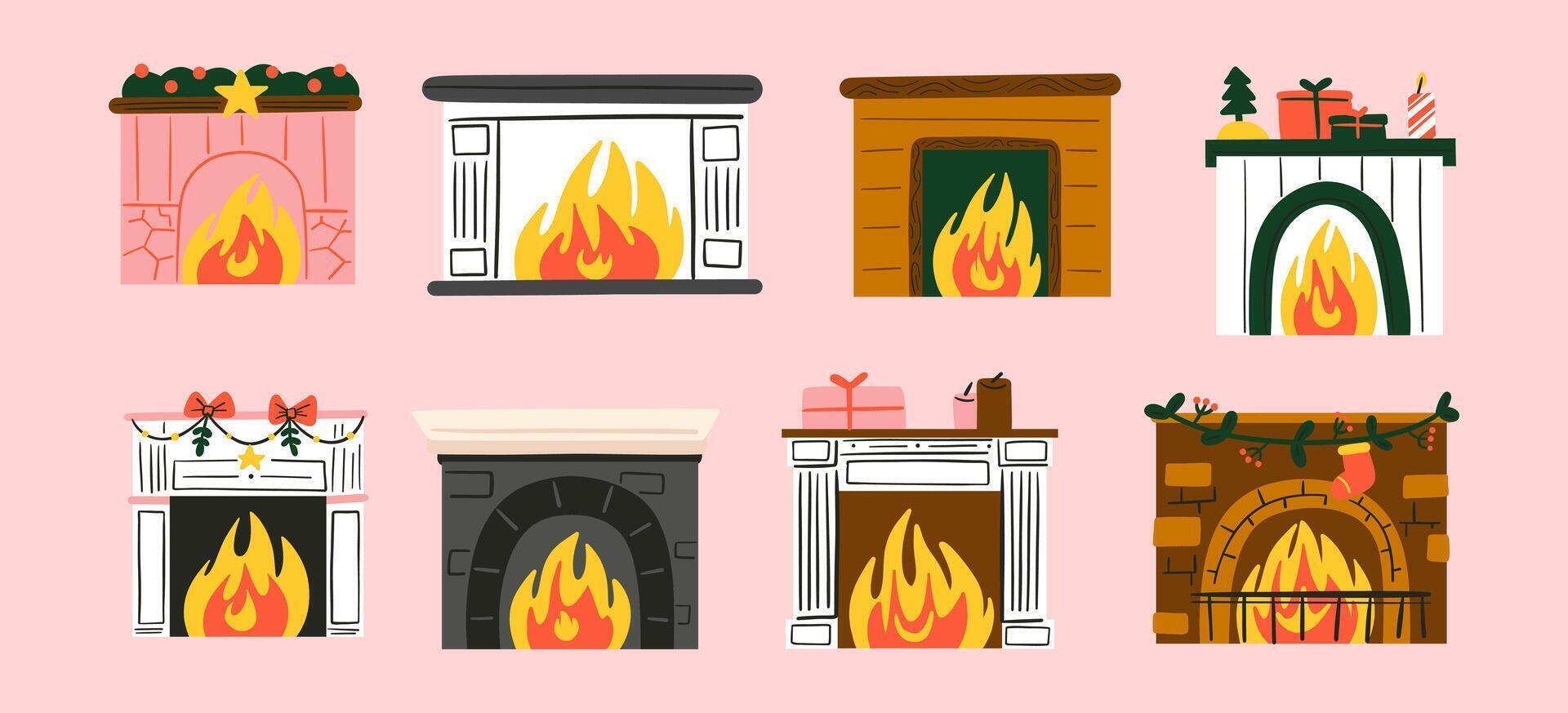 Cozy Winter Fireplace Illustration Set. A charming collection of 8 unique fireplace designs, perfect for warm and festive winter settings. Ideal for seasonal projects and cozy-themed illustrations vector