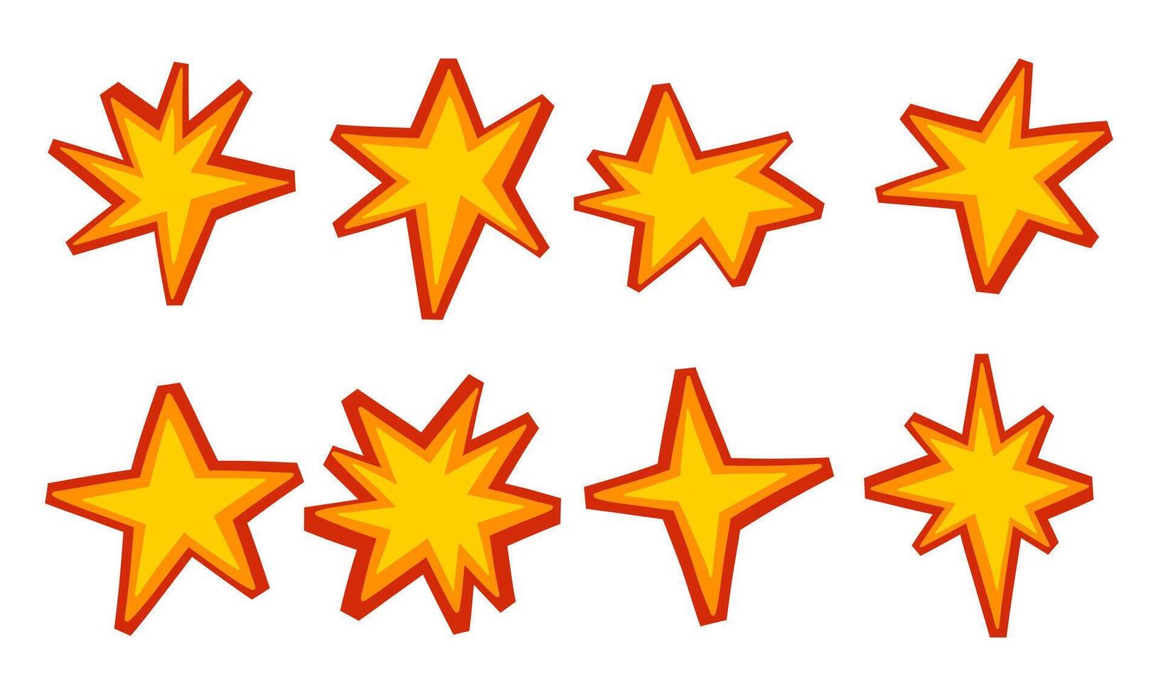 Yellow Starburst with Bold Red Outlines. A collection of 8 vibrant yellow starbursts featuring bold red outlines and varying designs, perfect for festive and decorative projects vector