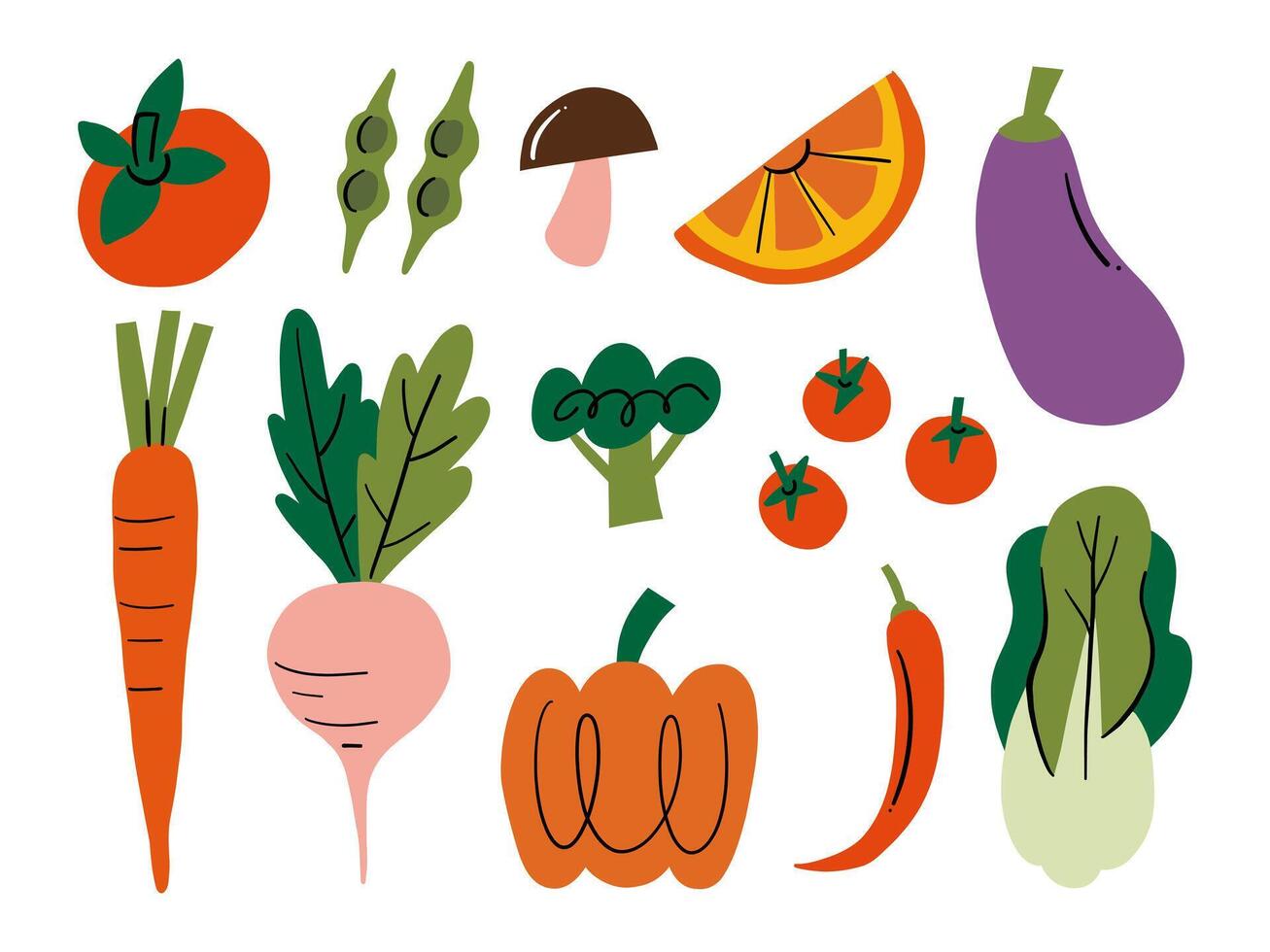 Fresh Vegetable and Fruit Icon Set. A vibrant collection of vegetable and fruit icons, including carrot, broccoli, pumpkin, chili, and cherry tomatoes. Perfect for food-themed or creative projects vector