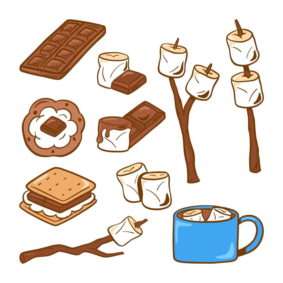 Toasted Marshmallow and Smores Campfire. A collection of hand-drawn marshmallow and chocolate treats, featuring roasted marshmallows on sticks and melting chocolate bars. Perfect for camping theme vector
