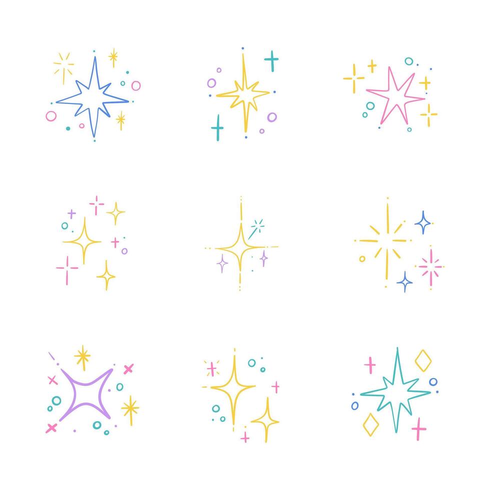 Celestial Sparkle Icons Set. A set of 9 minimalist star and sparkle icons, featuring a variety of radiant, geometric, and twinkling designs. Perfect for adding a touch of shine to any creative project vector