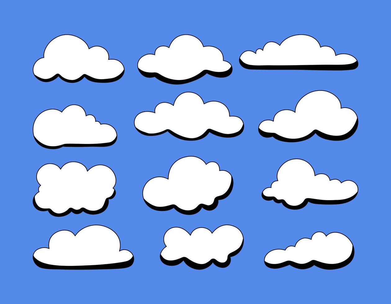 Playful Cloud Icons Set. A set of 12 bold, playful cloud icons with distinct shapes and shadows. Ideal for weather-themed projects, sky illustrations, or adding a whimsical touch to any design vector