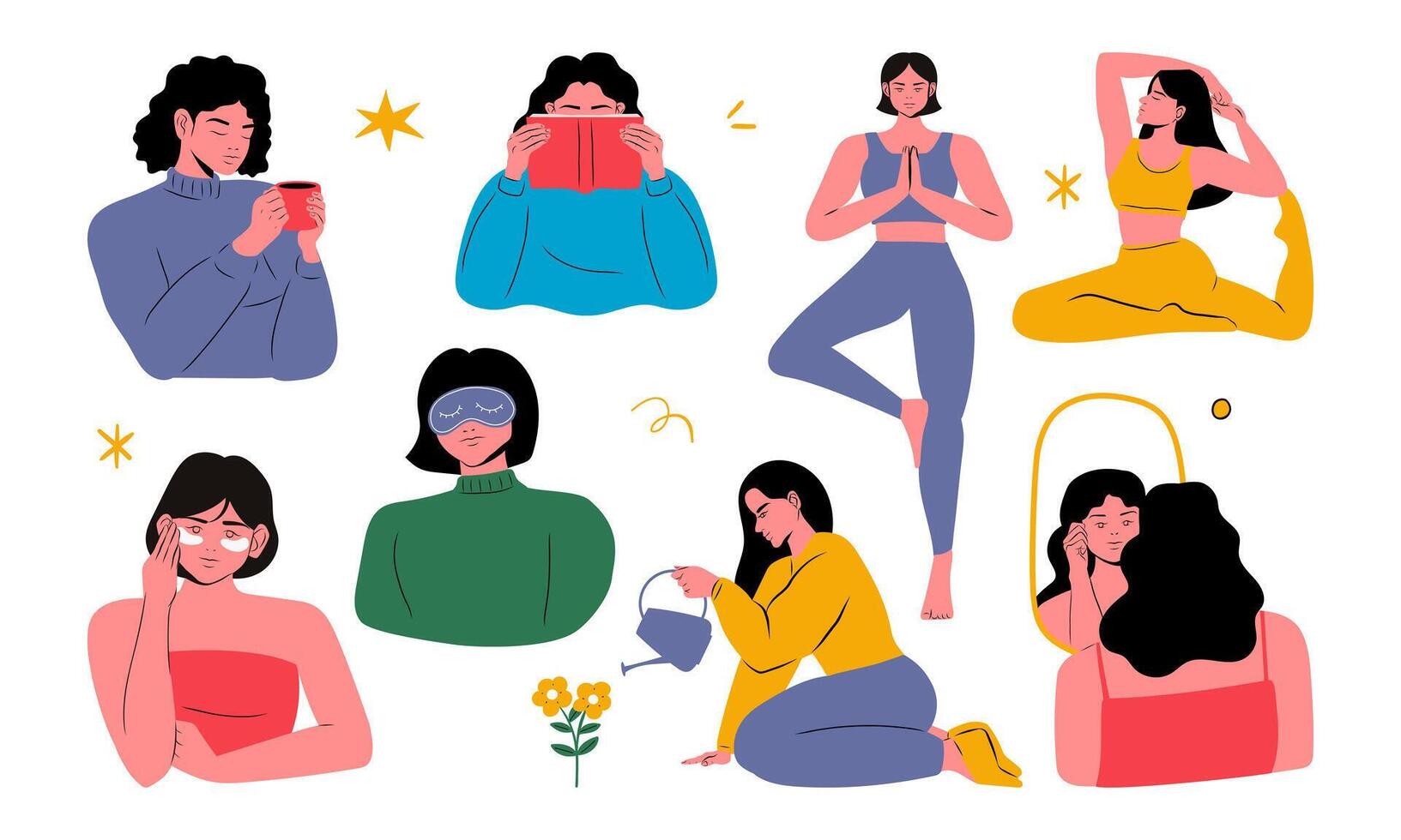 Illustration set of woman practicing self care hobbies in daily routines Featuring activities like sleeping drinking reading watering the garden and yoga Encouraging self love and mindfulness vector
