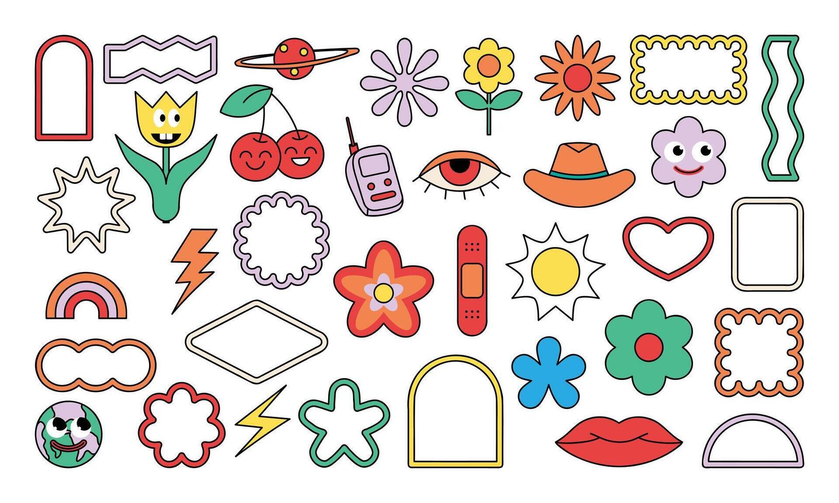 Retro Sticker Groovy Hand Drawn. Sticker Groovy Hand Drawn. 70s hippie stickers, psychedelic groovy elements. vector