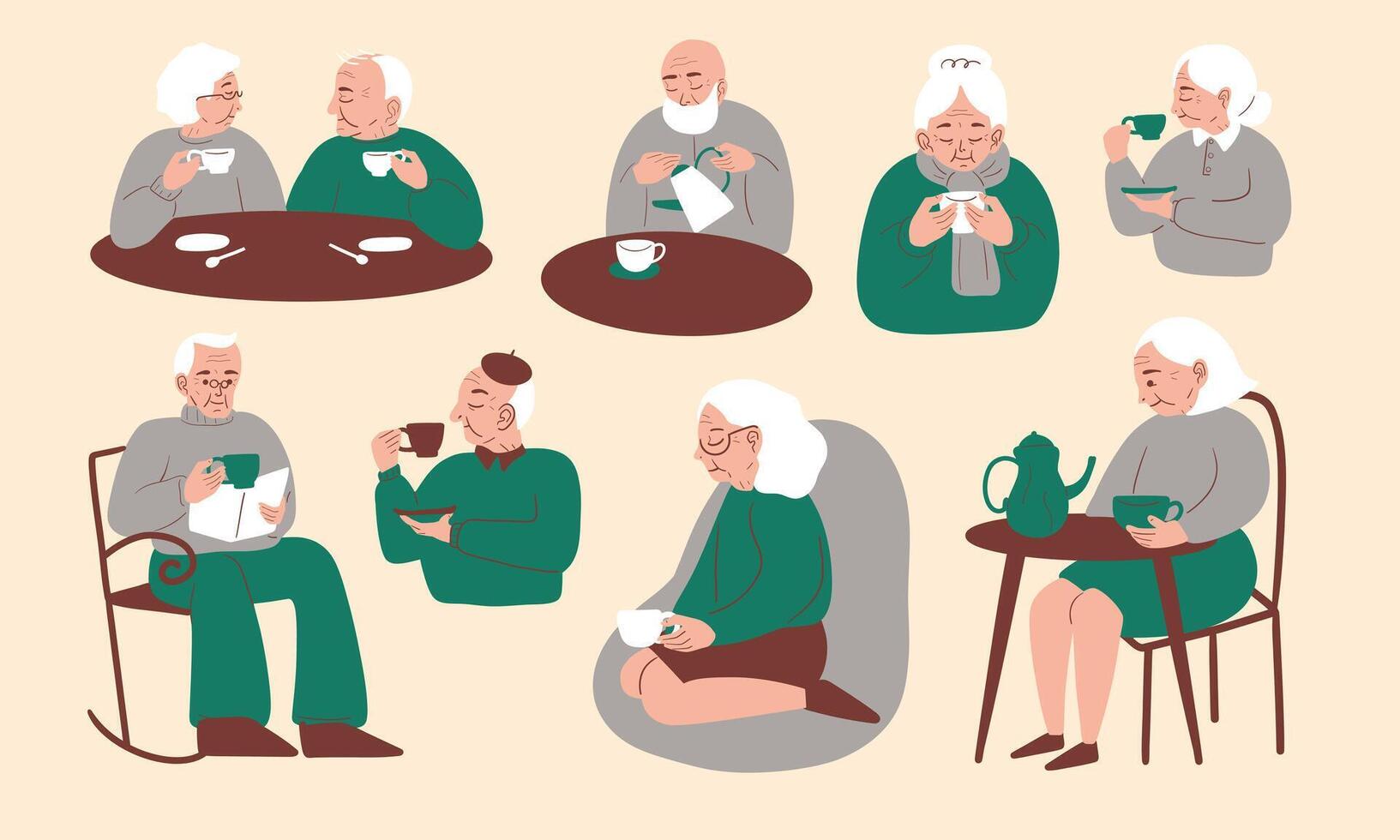 An old person enjoying leisure time while drinking tea. Icon logo sitting in a chair while drinking tea and reading newspaper. illustration in cartoon style. vector