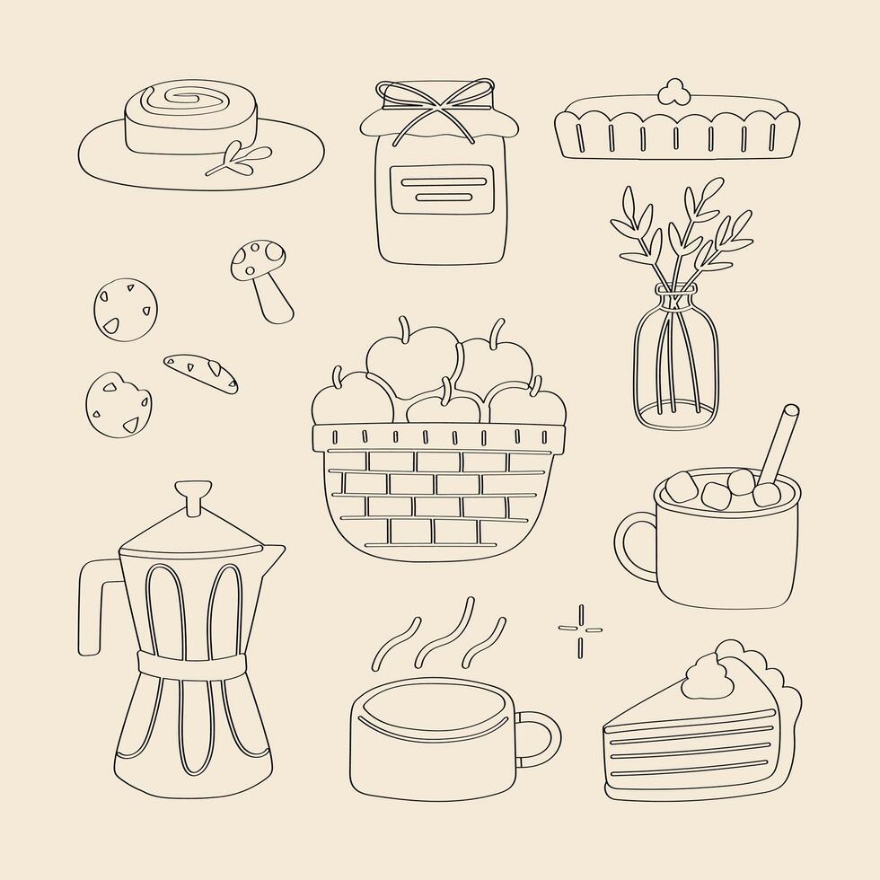 Lined cozy autumn set cute fall pumpkin spice pie cake jam hot chocolate drink apples mocha pot coffee mushroom cookies illustration vector