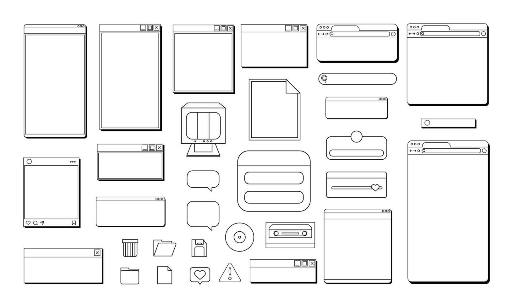 Lined retro user interface. Tab computer vintage desktop of website application programming. Instagram widget and notification. vector