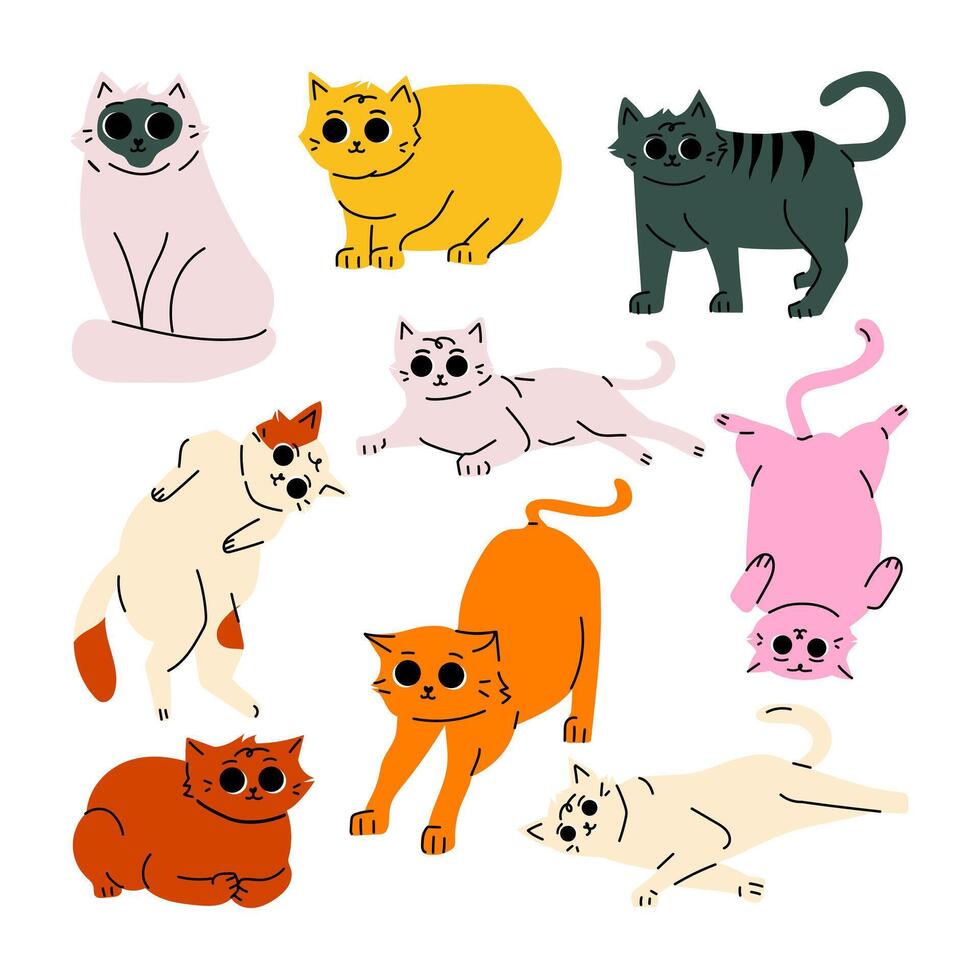 Cat Pet Hand Drawn Illustration. Cartoon cat set with different poses. Ginger kitty in simple cute style. vector