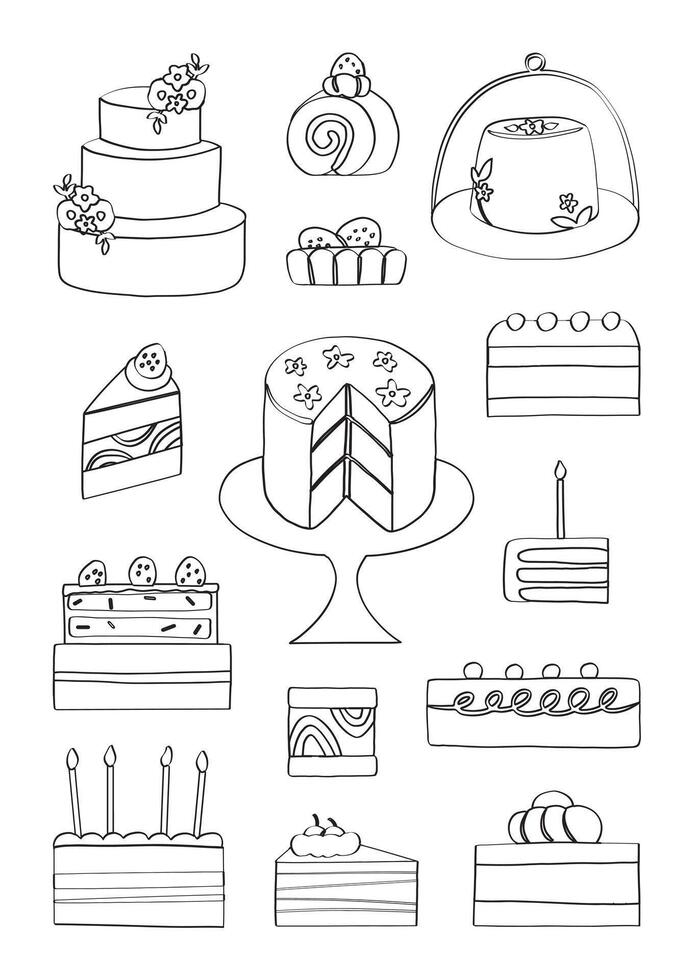 Hand drawn lined cake decoration with bakery and pastry elements in a fun cartoon style Perfect for baking themed designs and creative projects vector