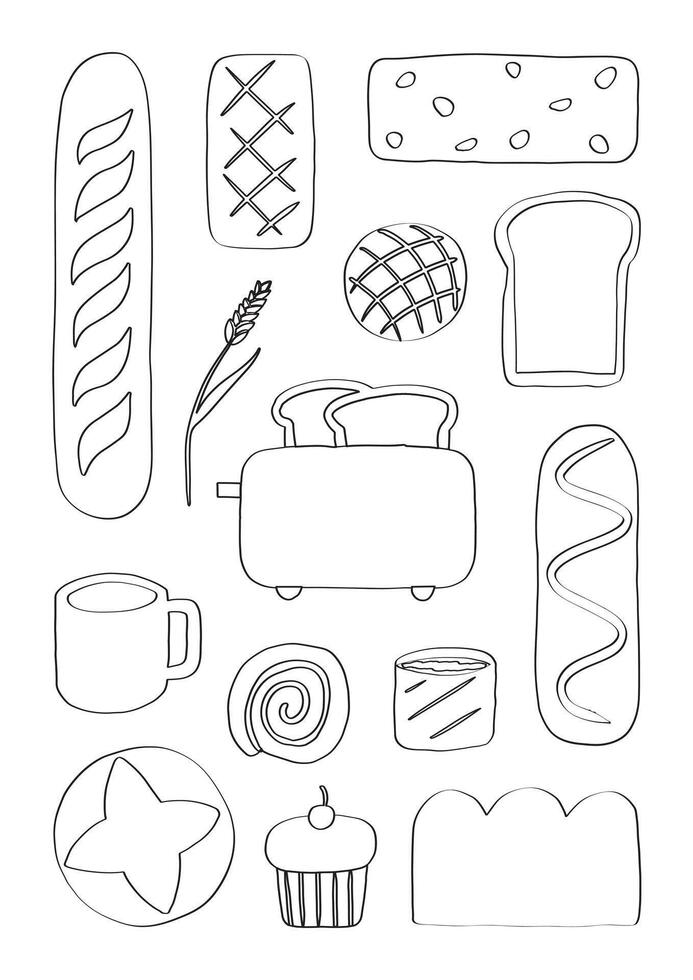 Hand drawn bread and coffee for bakery food elements collection. Bread breakfast baguette, bun, toast, cinnamon roll, garlic bread. vector