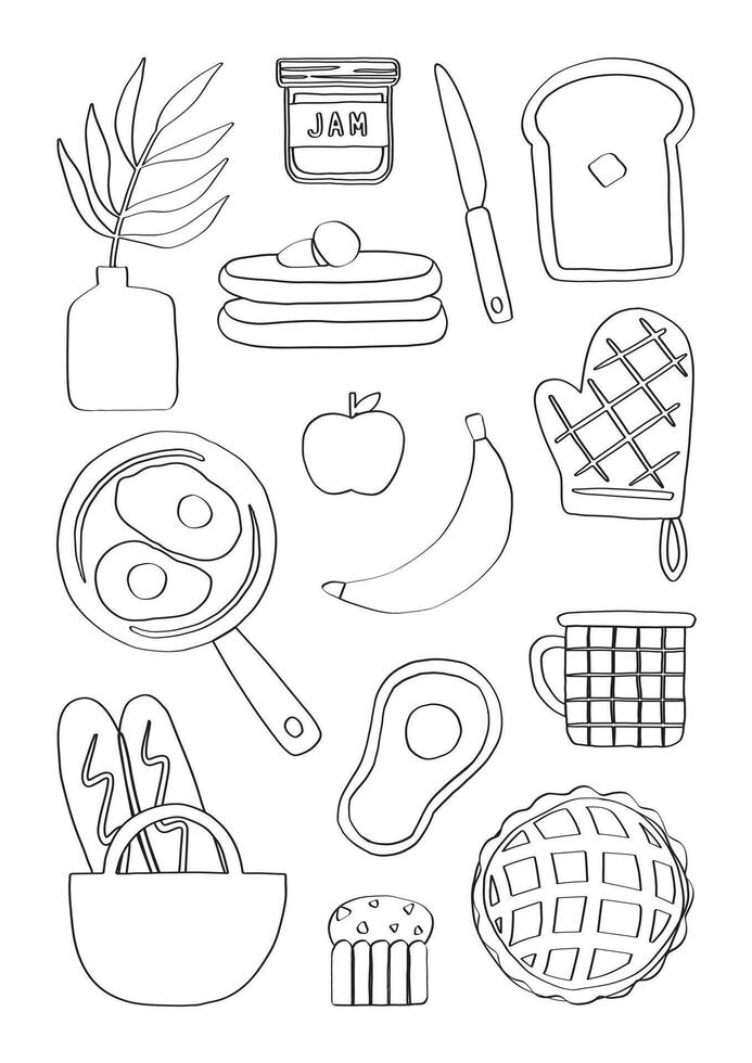 Hand drawn breakfast food elements featuring fried egg bread fruit pie cupcake and pancakes in a fun cartoon style Perfect for food themed designs and creative projects vector