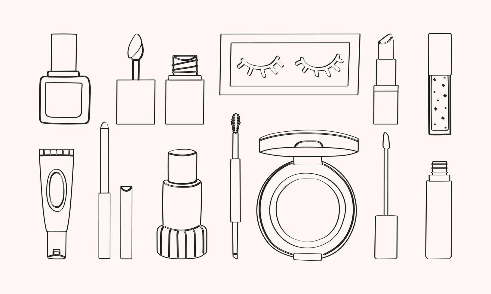 Lined Set of cosmetics makeup with foundation, lip tint, artificial eyelash, lipstick, lip gloss, lip liner, concealer, brow pencil, cushion, and concealer illustration. vector