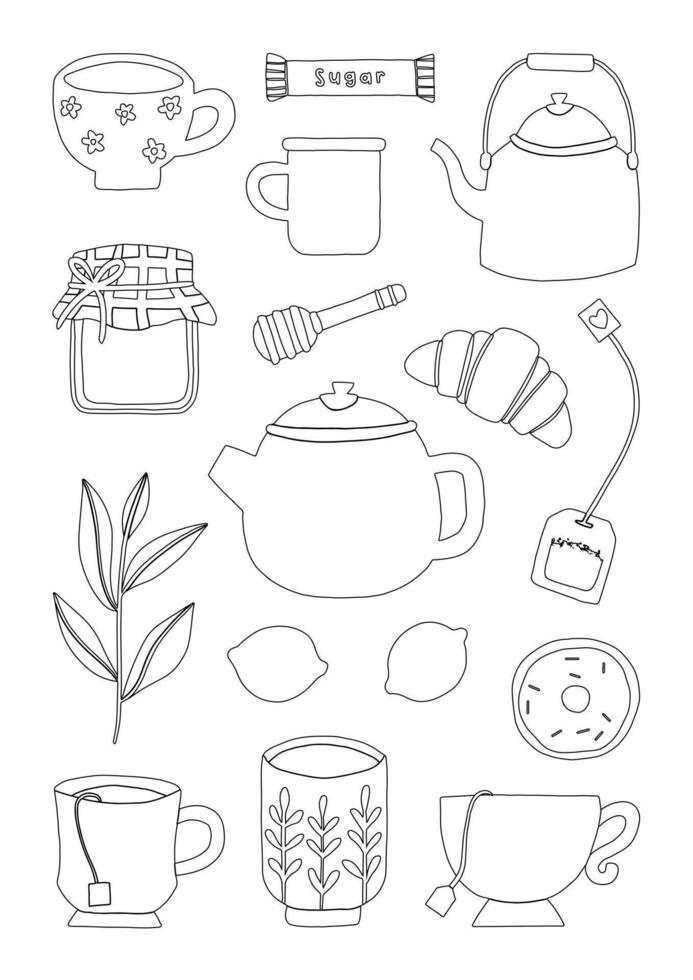 Lined tea elements with teacup, teapot, honey, lemon and croissant collection vector