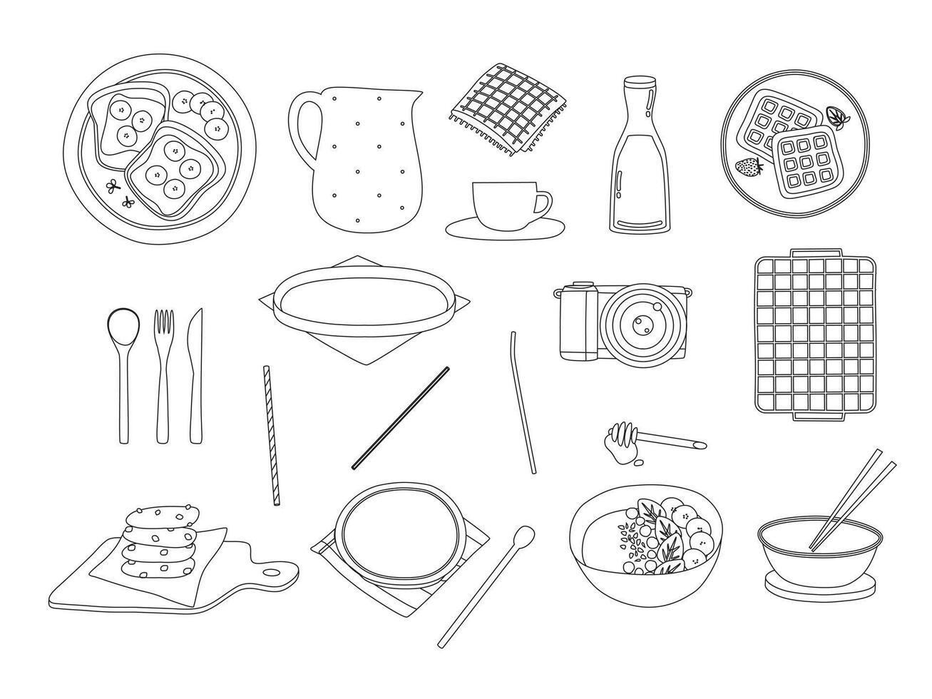 Lined Various Dish food element. Belgian waffle, Chocolate cookies, Salad, Bread Toast. vector