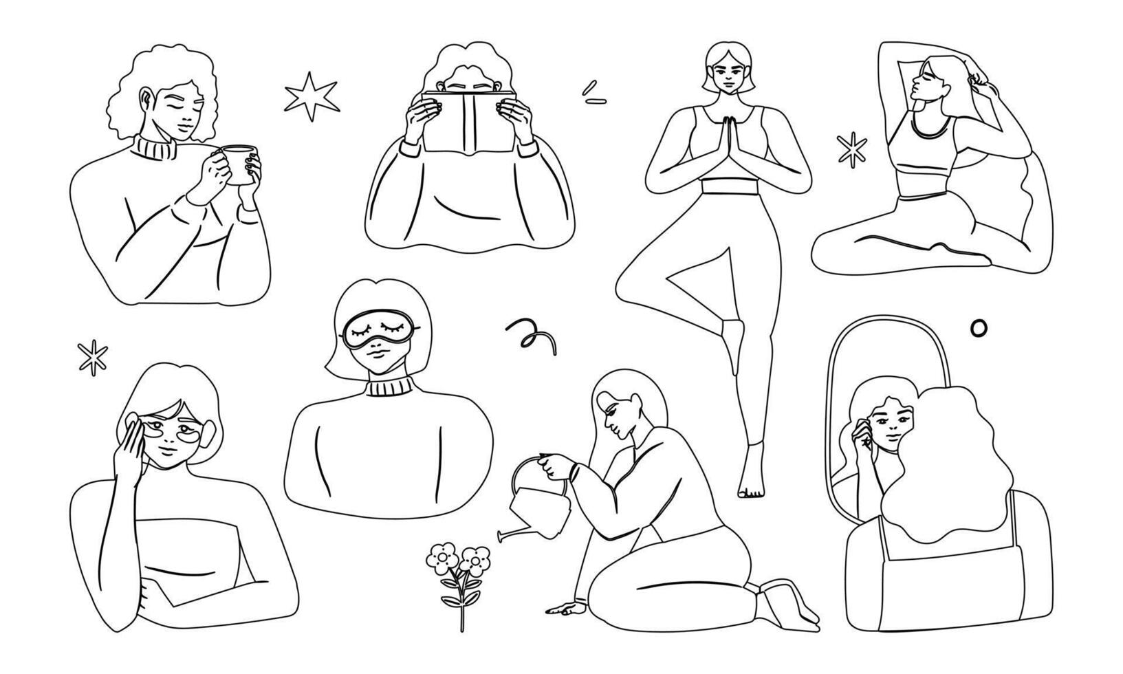 Illustration of woman self care hobbies featuring everyday routines like sleeping drinking reading watering the garden and yoga Encouraging self love and taking time for personal well being vector