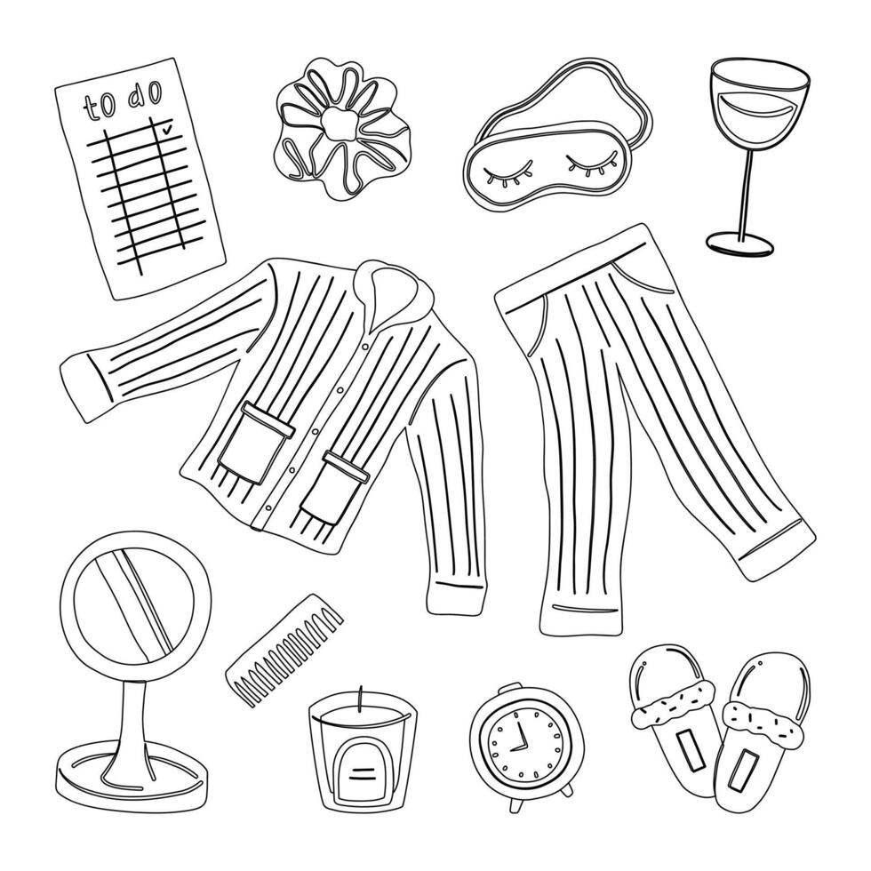 Lined Woman self care bed time illustration. To do list, eye mask, pajamas, alarm, comb, mirror make up, slipper. vector