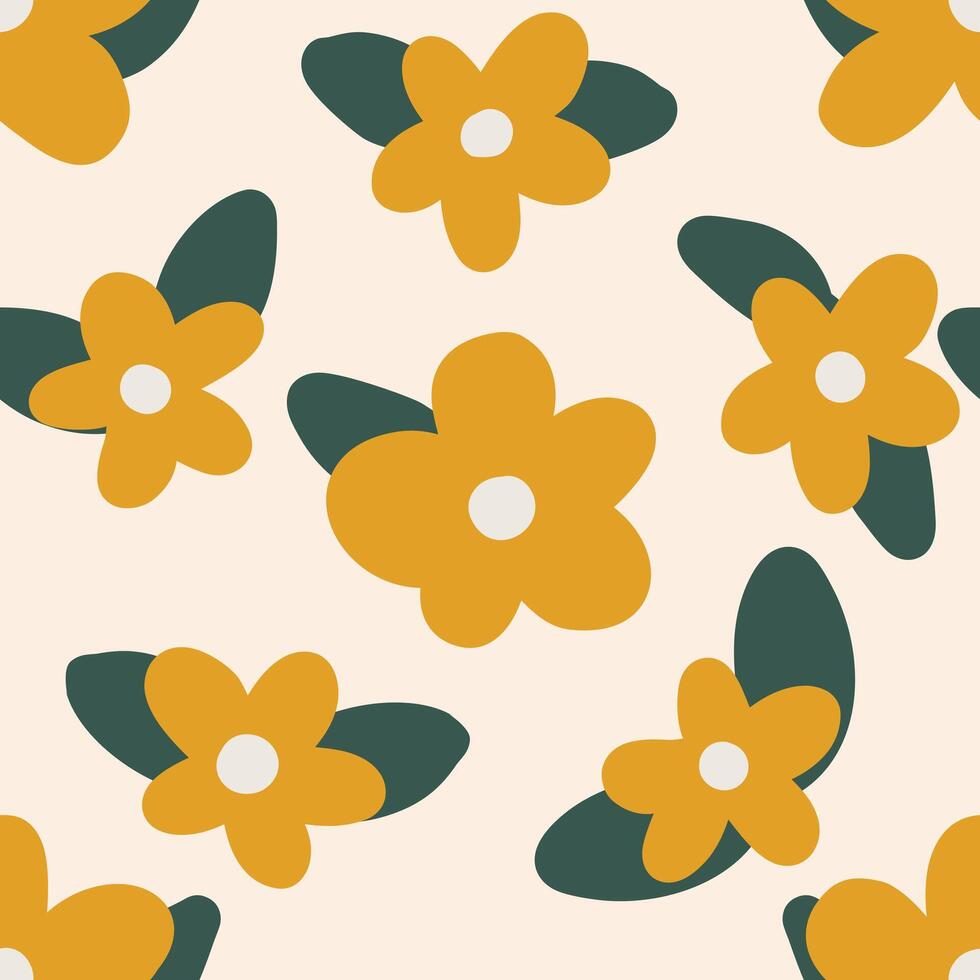 Seamless repeat pattern with abstract flowers and leaves in yellow and green. Flat simple fabric, gift wrap, wall art design. vector