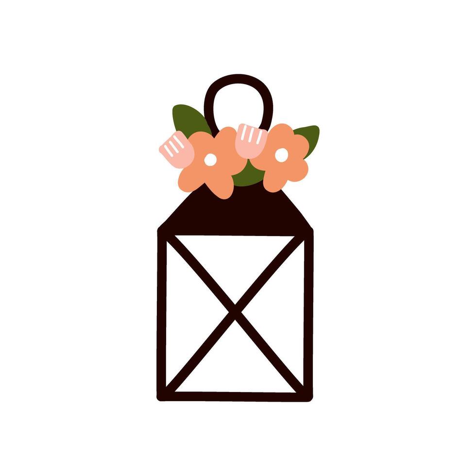 Hand drawn Cute Traditional Vintage lantern with Flower garden elements and tools illustration. vector
