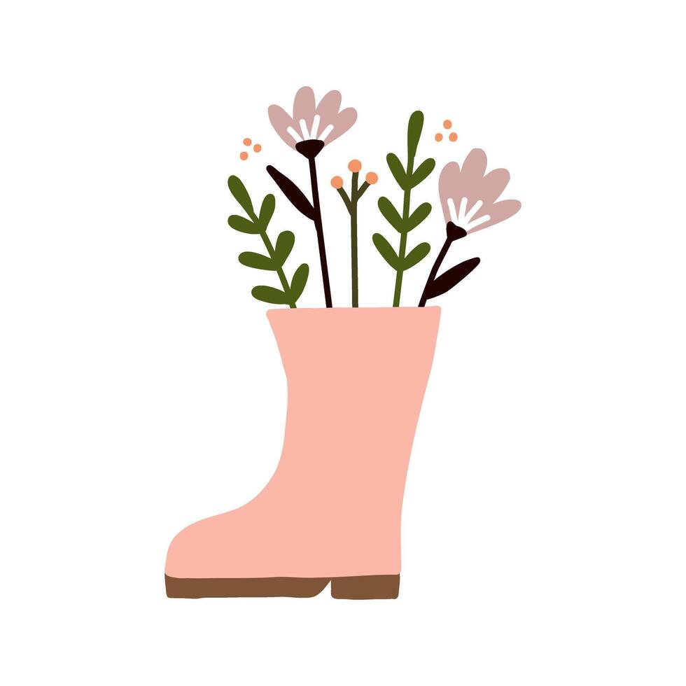 Hand drawn cute Spring flower bouquets in rubber rain boot garden shoes illustration vector