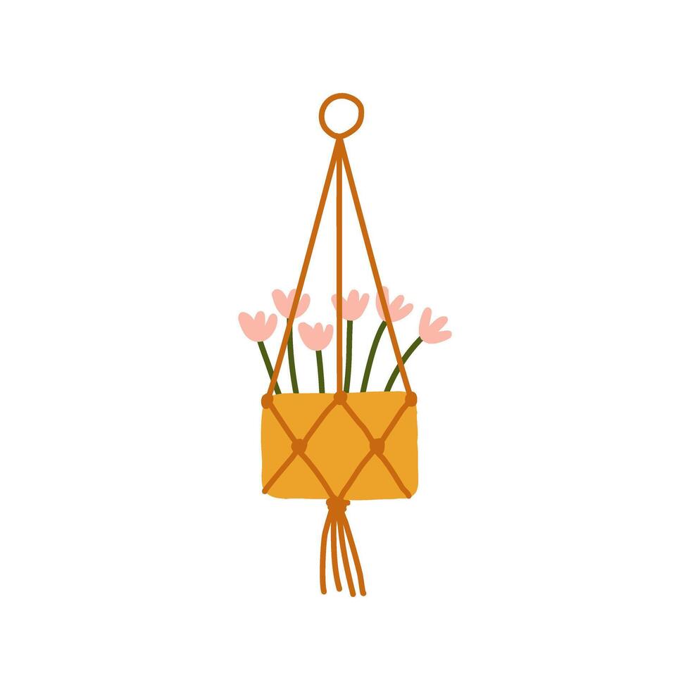 Decorative macrame handmade hangers for flower pot urban garden illustration. vector