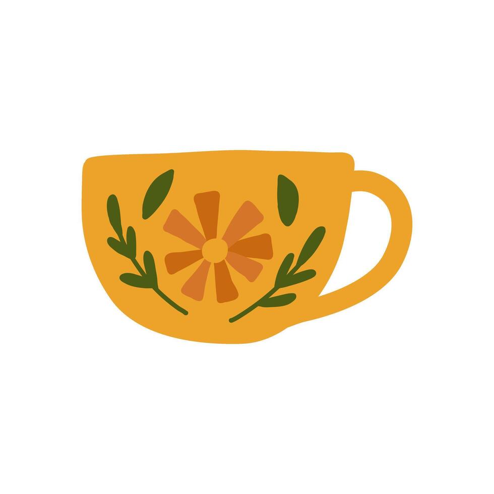 Hand drawn Floral Tea cup of coffee and spring Abstract Sunshine flowers with Print Scandinavian style illustration. Home Sweet home. vector