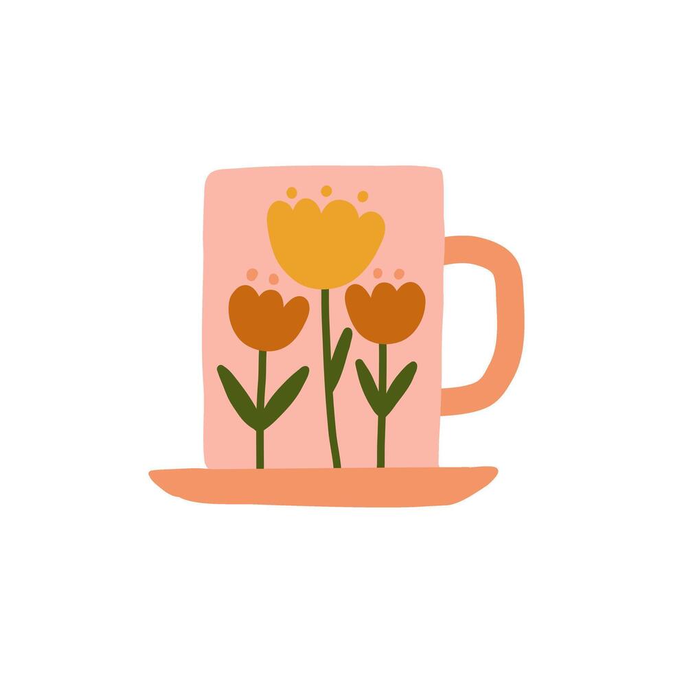 Hand drawn cups or mugs with tea Flower ornaments illustration vector