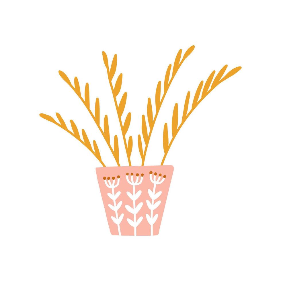 Home decor elements cute in hand drawn style. scandinavian interior design . Illustration of potted flowers and vases with branches. vector