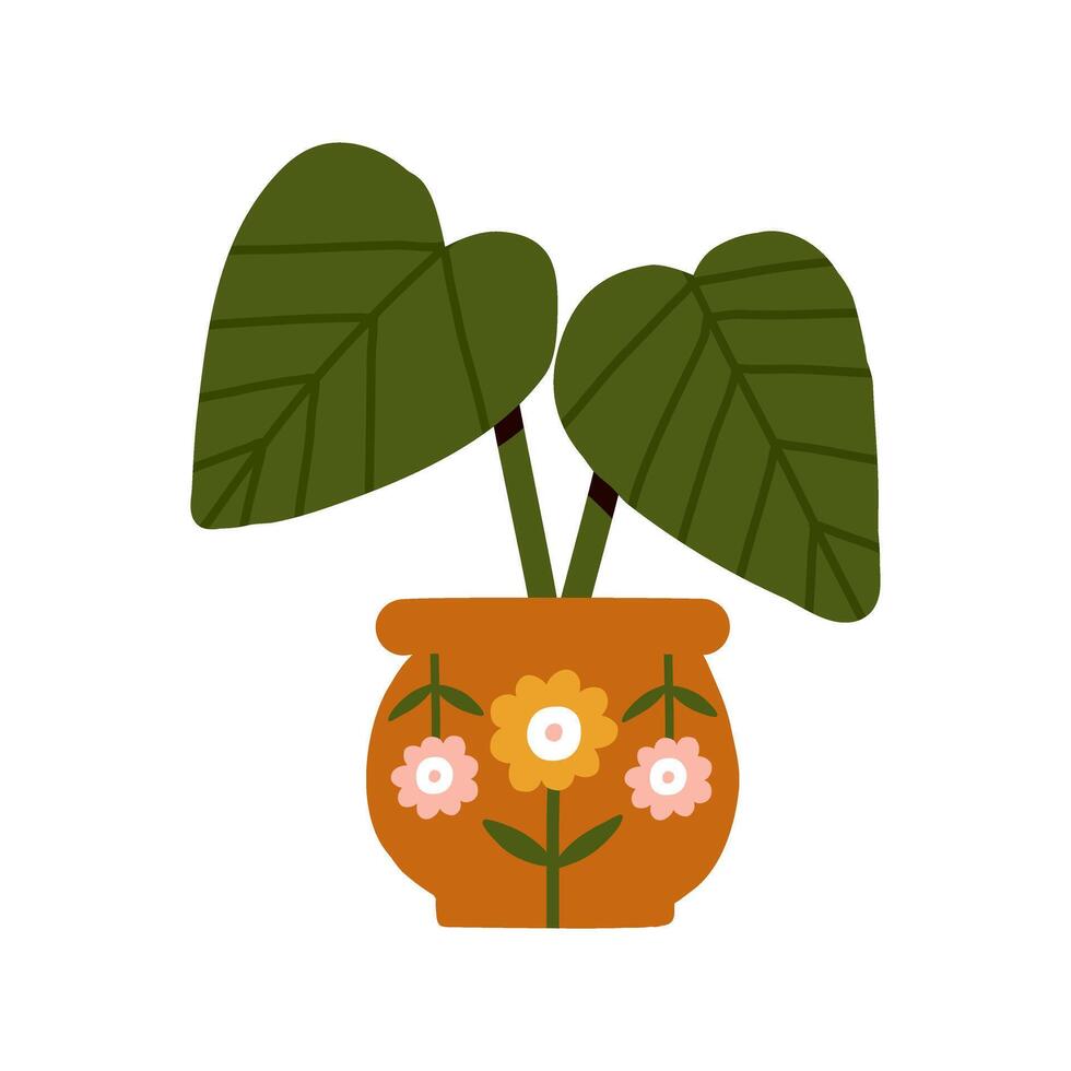 Garden, flowers and plants at home and outdoor with philodendron gloriosum tropical jungle Leaves jug with hand painted botanical flowers. drawn illustrations of plants in pots card. vector