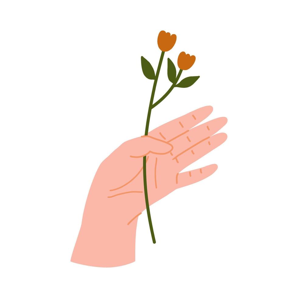 Women's hand holding flowers. Abstract logo and branding design template in trendy linear minimal style. Natural beauty and organic skincare products, handmade fashion and jewellery concept. vector