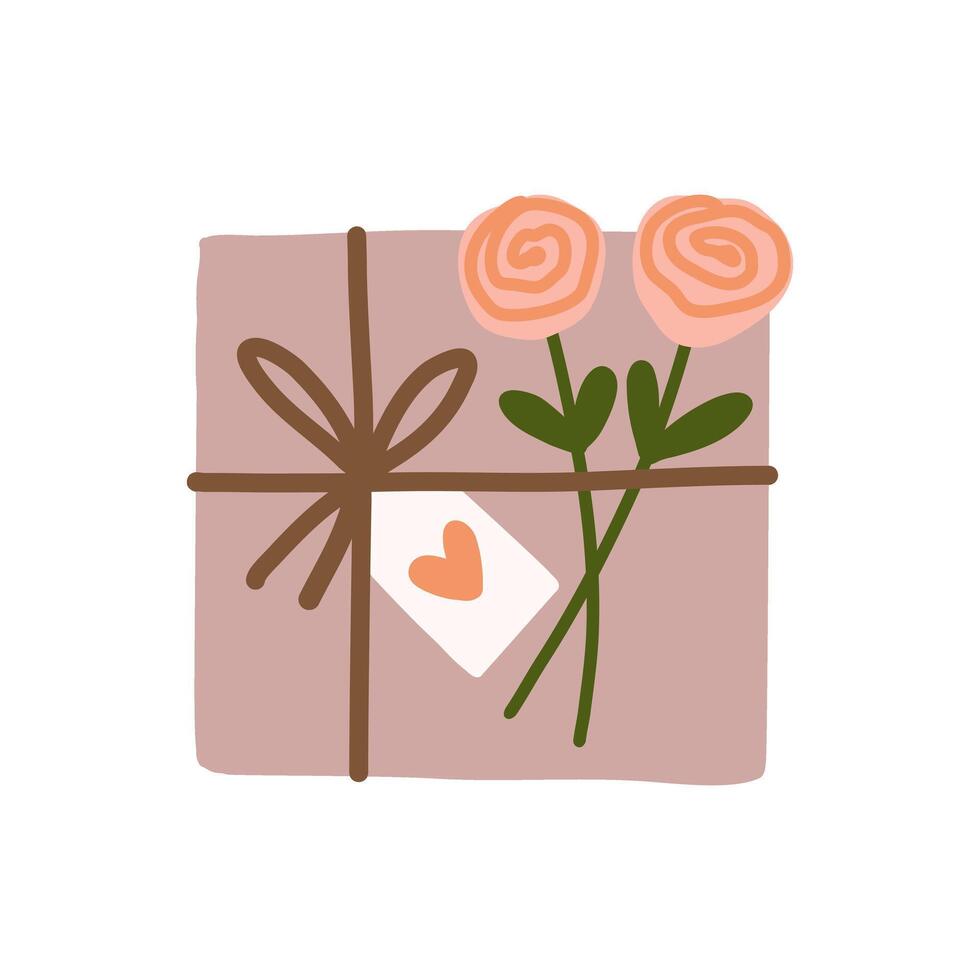 Wrapped gift box tied with love tag string and beautiful spring rose flower illustration vector