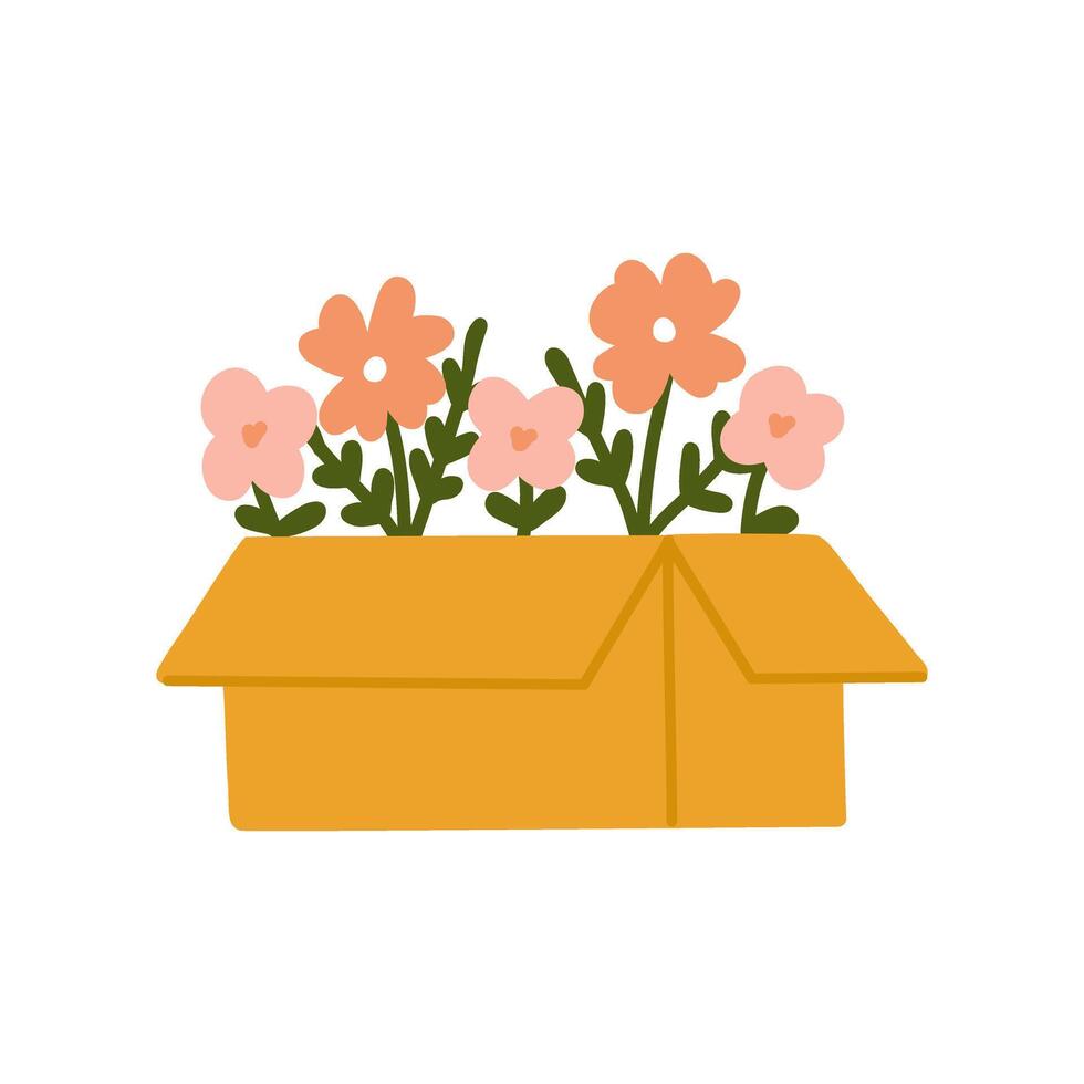 Hand drawn blooming spring flowers in open cardboard paper box pot flat elements illustration vector