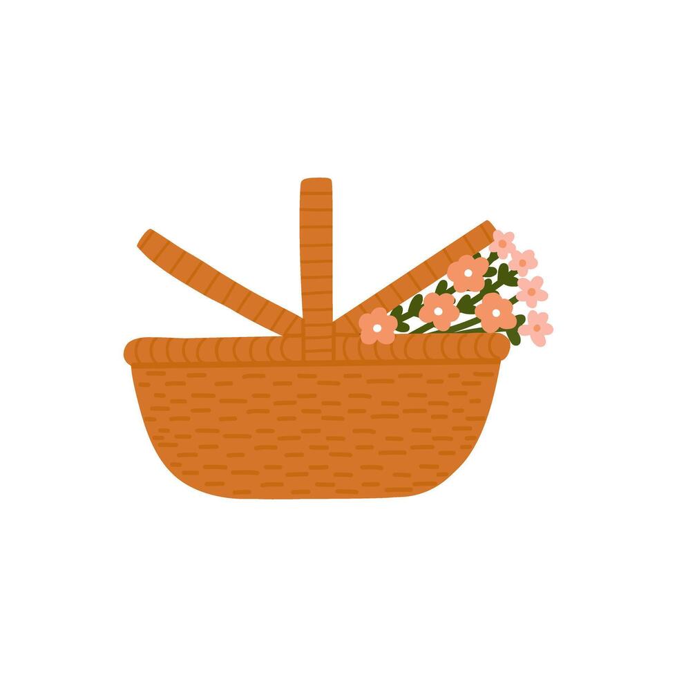 wicker basket with bouquet of flowers illustration. Cute elements spring for card, postcard or poster. vector