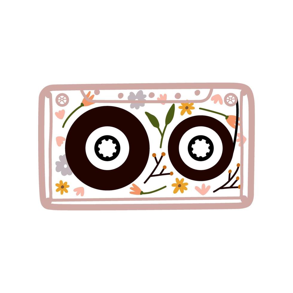 Retro music tapes with dry flowers. Audio Cassettes with retro label. Vintage object for 70s, 80s, 90s. Media storage for music and sound. Hand drawn aeshtetic flat illustration. vector