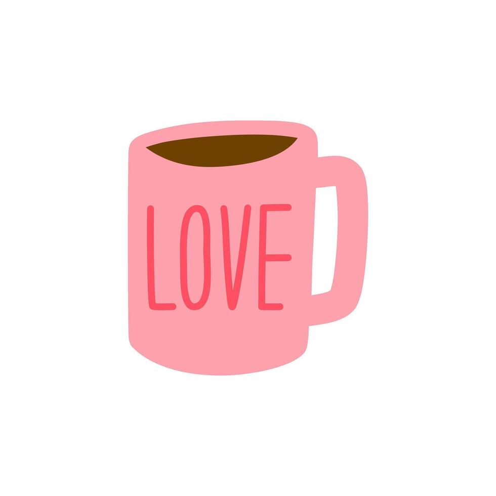 Coffee mug with Love text. Cups and hot cocoa chocolate drink illustrations. Card, poster, banner, web design, print on t-shirt and other. Little mug relax drink happy weekend concept. vector