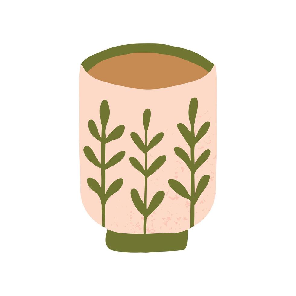 Teacup with Leaf Pattern Ornaments Hand drawn cartoon colored trendy flat illustration style design vector