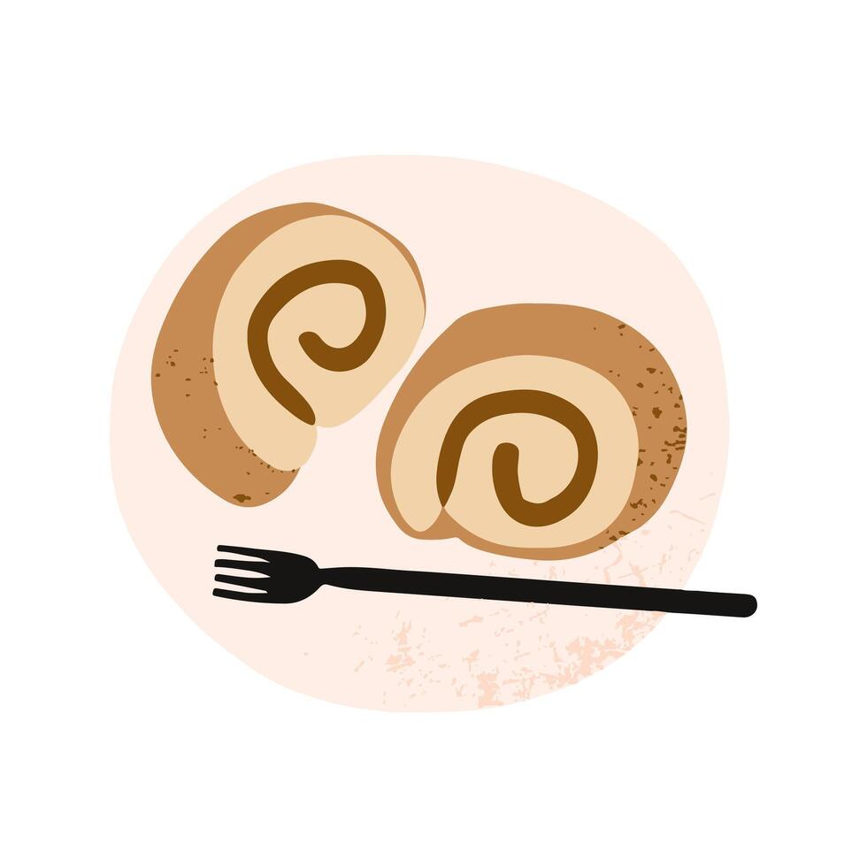 Hand drawn cafe food element chocolate coffee cake roll dessert with plate and fork illustration vector