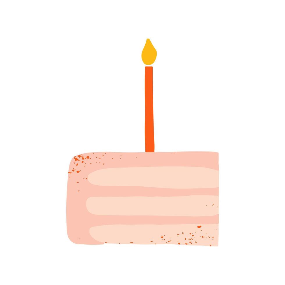 Hand drawn Simple Slice of birthday cake with candle, pink frosting and sprinkles. Happy Birthday greeting card design element. Cartoon style clip art illustration. vector
