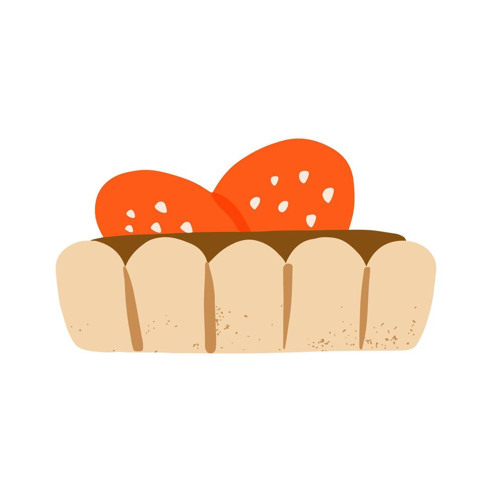 tart with strawberries and chocolate whipped custard cream. Tasty dessert, confection or sweet pastry. Decorative design element in hygge style. Cartoon illustration. vector