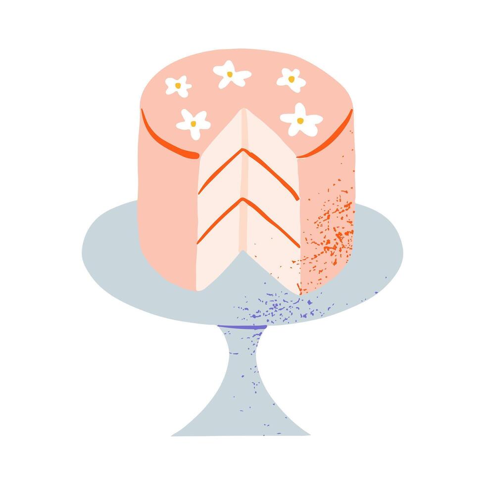 Hand drawn cute wedding or birthday cake with flowers decoration in cake stands. Bakery and pastry elements cartoon illustration. vector