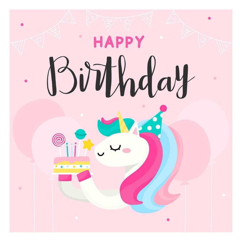 Unicorn happy birthday lettering cake with playful and whimsical design Perfect for party decorations greeting cards prints and social media posts vector