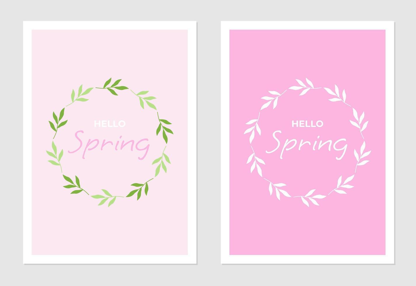 Hello spring poster and greeting card. Background with green leaves, twigs and plant elements. Text design. vector