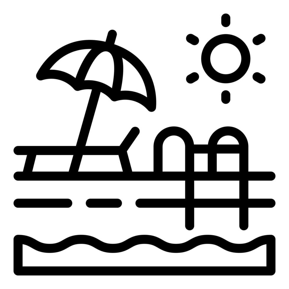 A black and white line icon of a swimming pool chair and umbrella vector